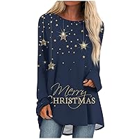 Women's Christmas Shirts Fashion Casual T-Shirt Printed Round Neck Mid Length Top Shirts, S-3XL