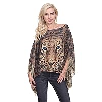 Tiger Print Sweater Poncho Cap with Fringes Brown
