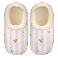 Golden Love Heartt Stripe Women's Slippers, Pink Stripe Soft Cozy Plush Lined House Slipper Shoes Indoor Non-Slip Slippers for Girls Boys Teenager