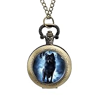 Night Scene with Wolf Stormy Sky Vintage Pocket Watches with Chain for Men Fathers Day Xmas Present Daily Use