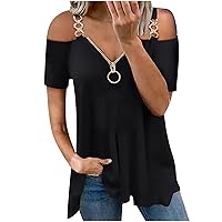 Women Summer Sexy Tshirt Tops Ladies Trendy Casual Loose Fit Strapless Tunic Blouses Short Sleeve Solid Zipper Tees