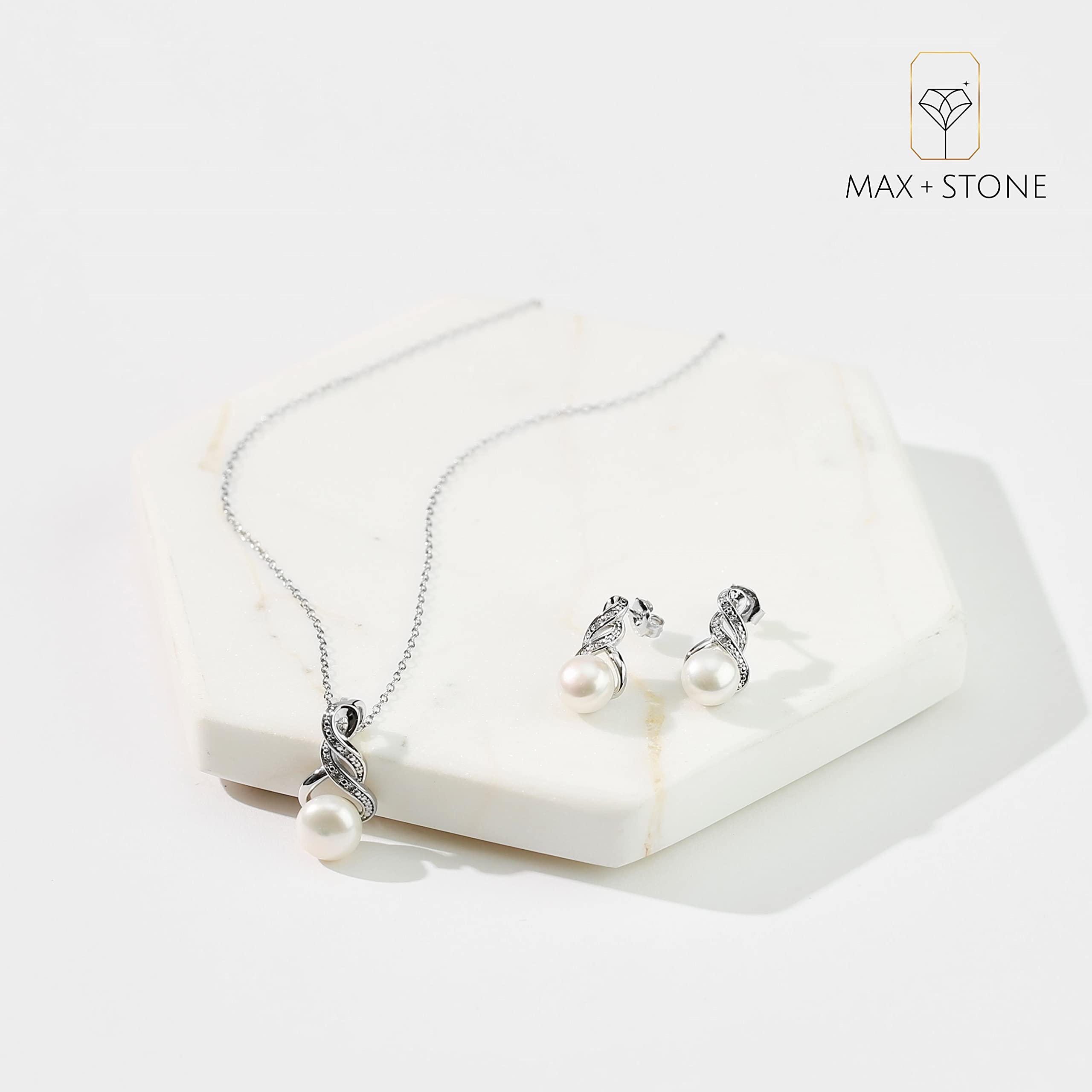 MAX + STONE Sterling Silver Pearl Jewelry Set with Diamonds | Freshwater Pearl Earrings & Necklace for Women | Real Pearl Necklace and Earring set | Silver Pearl Earrings and Necklace Set for Women