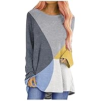 Womens Tshirt Hide Belly Tunic Trendy Color Block T Shirt Casual Long Sleeve Tops Crewneck Loose Blouses for Leggings