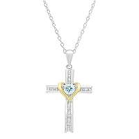 Dazzlingrock Collection 4 mm Round Gemstone & White Diamond Ladies Heart Love Cross Religious Pendant (Silver Chain Included), Available in Yellow Plated Sterling Silver & 10K/14K/18K Two Tone Gold