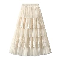 Lace Cute Skirts Mesh Layered Long Maxi Skirt Tiered High Waisted Tummy Control Long Summer Skirts Vintage Robe Dress