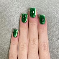 Green Cat Eye Press on Nails Short Square Fake Nails Glossy Elegant Gradient False Nails with Gem Effect Designs Full Cover Square Glue on Nails Green Sparkly Acrylic Nails for Women, 24Pcs