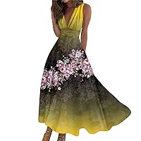 Summer Dresses for Women 2024,Women's Long Maxi Dress Casual Sleeveless V Neck Boho Dress Summer Waist Retro Print Dress