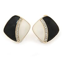 Black/Cream Enamel Crystal Square Clip On Earrings In Gold Plating - 20mm