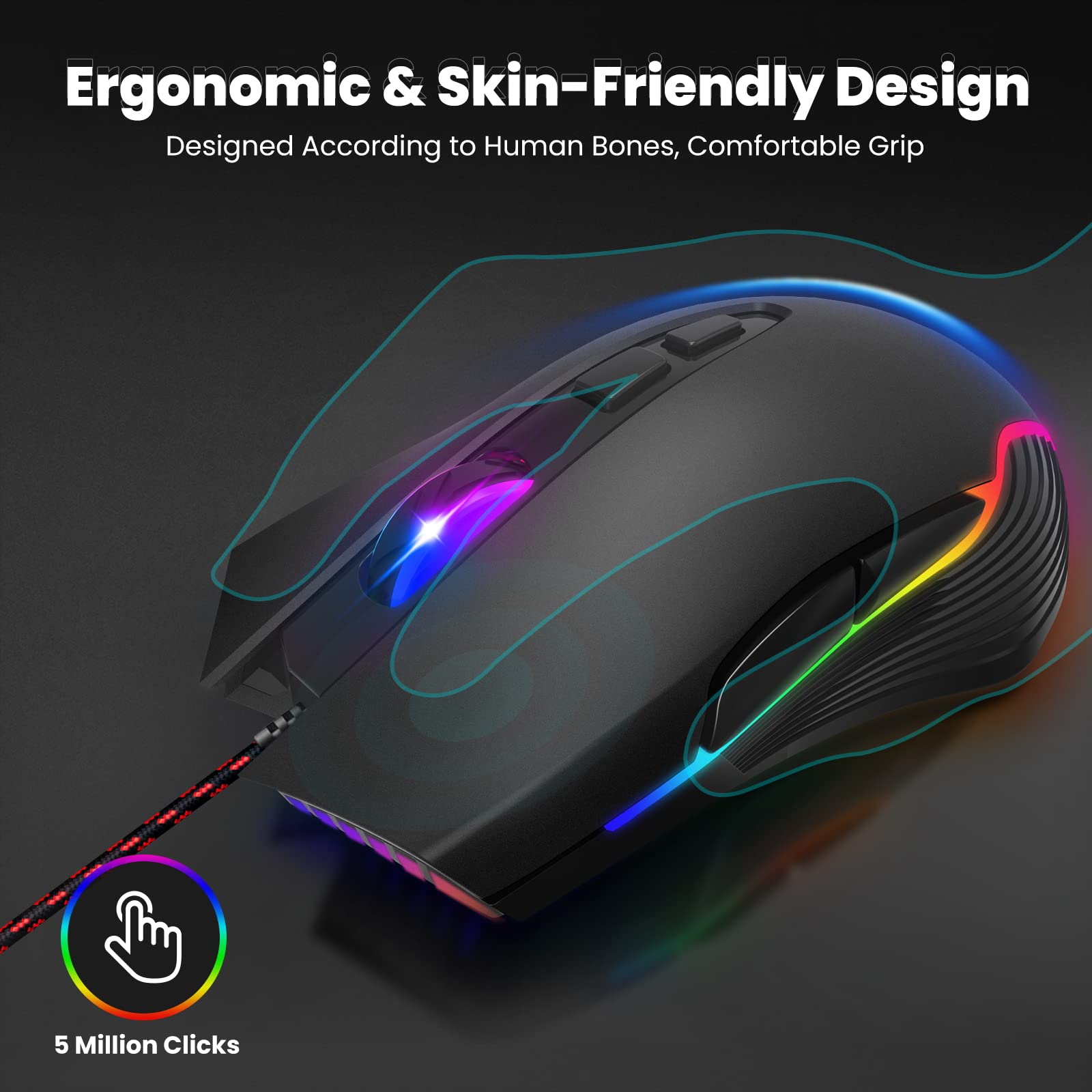 Gaming Mouse Wired, RIIKUNTEK Computer Mouse with 7 Programmable Buttons(One-Key Fire/Desktop), 7200 DPI, 12 Backlits , Ergonomic Optical USB Game Mouse with Side Buttons for PC, Laptop Black
