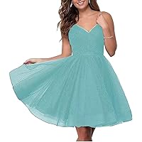 Wchecalino Teens Homecoming Dresses Short Sparkly V Neck Glitter Tulle Spaghetti Straps Prom Graduation Dress