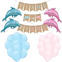 FiSHE or FisHe Gender Reveal Decorations, 1 Burlap Banner, 4 Fish Foil Balloons, 20 Blue and Pink Latex Balloons