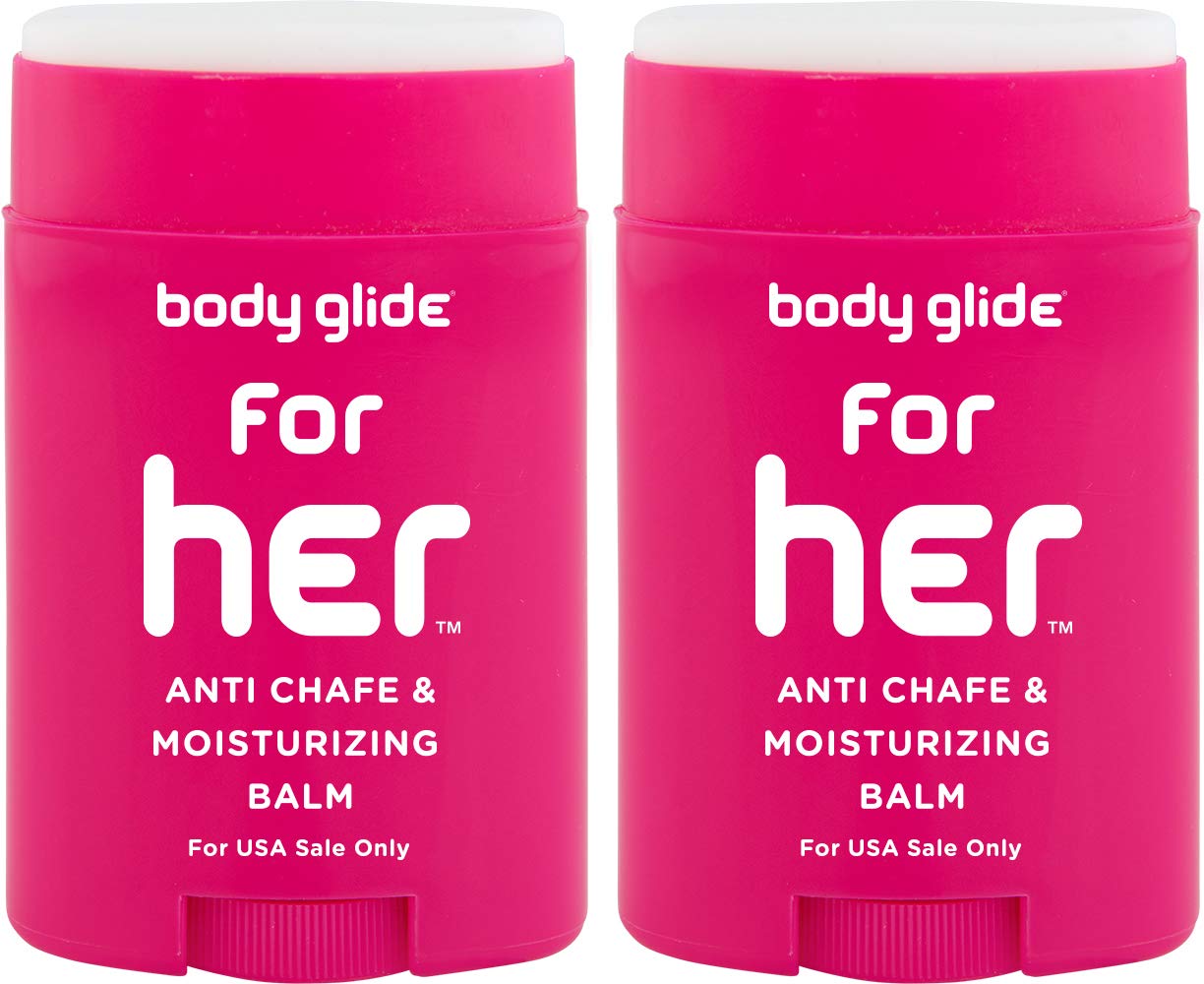 Body Glide For Her Anti Chafe Balm: anti chafing stick with added emollients. Prevent rubbing leading to chafing, raw skin, and irritation. Use for arm, chest, bra, butt, groin, and thigh chafing: 1.5oz-2pack