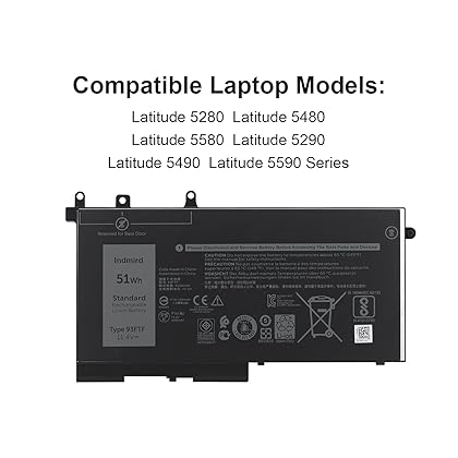 Indmird 93FTF Laptop Battery for Dell Latitude 5280 5480 5580 5290 5490 5590 Series Replacement D4CMT 4YFVG 83XPC 083XPC 11.4V 51Wh New