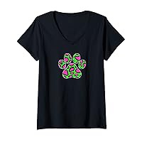 Womens Funky Pink and Green and Black Spotted Paw Print V-Neck T-Shirt