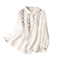 Women Button Down Lace Embroidery Cotton Linen Shirts Summer Long Sleeve Lapel Casual Loose Fit Fashion Blosues