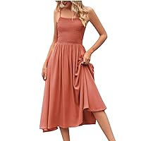 Women's Prom Dresses 2024 Fashionable Summer Square Neckline Pleated Bohemian Camisole Dress, S-XL