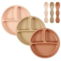 PandaEar 3 Pack Toddler Plates with 3 Spoons, 100% Silicone Divided Suction Plate for Babies, BPA-Free, Dishwasher and Microwave Safe -Baby pink/Light brown/Brick red