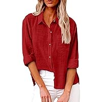 Linen Shirts for Women Cotton Linen Button Down Shirt Casual Long Sleeve Solid Color Shirts Loose Work Tops with Pockets