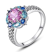 Silver Plated Shining Floral Flower Ring Round Cut Created Ruby Spinel Pink Topaz Cubic Zirconia Filled Engagement Wedding Proposal Promise Band for Women Ladies Girls Lovers Romantic Gift