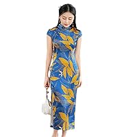 Blue Print Leaves Short Sleeve Qipao Women Sexy Mandarin Collar Classic Long Clothes Silk Big Size Sheath