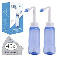 Croing 𝙎𝙞𝙣𝙪𝙨 𝙍𝙞𝙣𝙨𝙚 2 Neti Pots with 40 Salt Packs for Nasal Irrigation , Nasal Rinse Bottle for Relieves Nasal Congestion and Irritation, All Natural Pre-Mixed Buffered Saline Packets