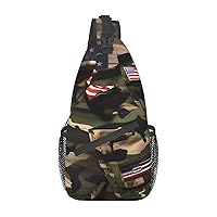 Sling Backpack,Travel Hiking Daypack Camo American Flags Print Rope Crossbody Shoulder Bag