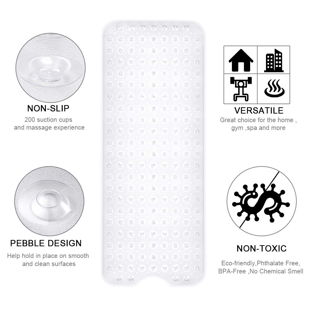YINENN Bath Tub Shower Safety Mat 40 x 16 Inch Non-Slip and Extra Large, Bathtub Mat with Suction Cups, Machine Washable Bathroom Mats with Drain Holes, Clear