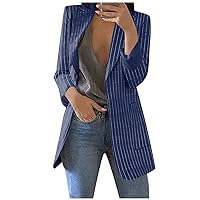 Black Blazer for Women, Brown Blazer Women Plaid Skirt and Blazer Set Knit 44989 Sleeve Stripe Open Front Pockets Cardigan Formal Suit Long Blouse Coat Plus Size 6XL Chaquetas De (L, Navy-3)