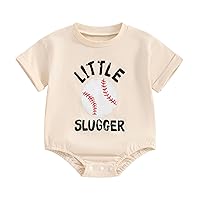 Gueuusu Infant Baby Baseball Outfit Little Slugger Baseball Bodysuit Short Sleeve Shirt Romper Playball Clothes Summer Set