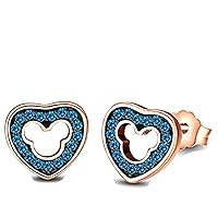 Lovely Heart Mickey Mouse 14K Black & Rose Gold Over 925 Sterling Sliver With Fashion Round Cut Blue Topaz Cubic Zirconia Stud Earring For Teen Girls and Women's Valentine's Day Gift,Birthday Gifts