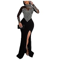 Sexy Rhinestone Crystal Mesh Patchwork Sheer Bodycon Dress Womens See-Through Birthday Clubwear Dresses