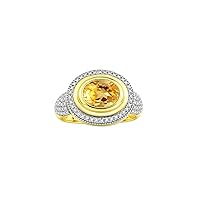Classic Ring with 9X7MM Oval Gemstone & Diamonds – Radiant Color Stone Jewelry for Women in Yellow Gold Plated Silver – Available in Sizes 5-13