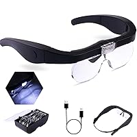 Head Magnifier Glasses with 2 LED Lights USB Charging Magnifying Eyeglasses for Reading Jewelry Craft Watch Repair Hobby, Detachable Lenses 1.5X, 2.5X, 3.5X,5X