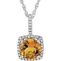 925 Sterling Silver Round 7mm Citrine Polished Citrine and .015 Dwt Diamond Necklace Jewelry for Women