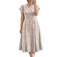 Woman Bohemian Printed Slim Dress Woman Vintage Elegant Short Sleeve V-Neck Dress Female Summer Party Dress