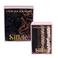 SILKIE Bundle of Skinny Large Scrunchies 100% Pure Mulberry Silk Black Brown Chocolate Colours Hair Ties Elastics Care Ponytail Holder No Damage