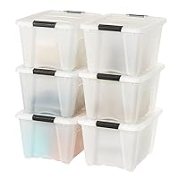 IRIS USA 32 Quart Stackable Plastic Storage Bins with Lids and Latching Buckles, 6 Pack - Pearl, Containers with Lids and Latches, Durable Nestable Closet, Garage, Totes, Tubs Boxes Organizing
