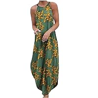 Women's Bohemian Beach Sleeveless Long Swing Round Neck Trendy Dress Casual Summer Foral Print Hawai Flowy