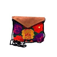 Mini Multicolored Floral Embroidered Tan Vegan Leather Suede Slim Envelope Purse Crossbody Bag - Womens Handmade Accessories