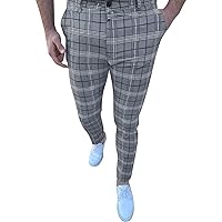 Men Plaid Casual Dress Pants Slim Fit Stretch Flat Front Skinny Pants Checked Printed Business Pencil Trousers