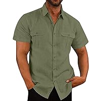 Mens Casual Button Down Shirts Cotton Linen Short Sleeve T-Shirt for Men Summer Beach Shirts Loose Soft Tees