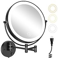 Wall Mounted Lighted Makeup Mirror - 9 Inch Large Double Sided 1X/10X Magnifying LED Vanity Mirror with 3 Color Lights & Stepless Dimming - 360°Swivel Extendable Bathroom Touch Sensor Cosmetic Mirror