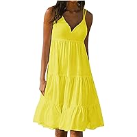 Women Trendy Tiered Ruffle Knee Length Cami Dresses Summer V Neck Sleeveless Casaul Solid A-Line Dress for Vacation