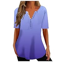 Womens Tunic Tops 2023 Fashion Summer Casual Dressy Short Sleeve Button V Neck Long T Shirts Trendy Cute Blouses Tees