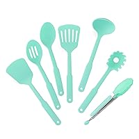 GreenLife Cooking Tools and Utensils, 7 Piece Nylon Set including Spatulas Turner Spoons and Tongs, Dishwasher Safe, Turquoise