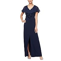 S.L. Fashions Women's Long Fit & Flare Dress with Illusion Overlay Bodice and Front Slit (Petite and Regular Sizes)