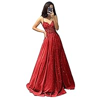 Spaghetti Straps Lace Applique Sparkly Prom Dresses 2024 Glitter Satin Formal Evening Party Dress with Pockets