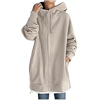 Women's Overszied Hooded Zip Up Sweatshirt Turtleneck Drop Shoulder Long Hoodies Fall Casual Tunic Jacket Solid Coat