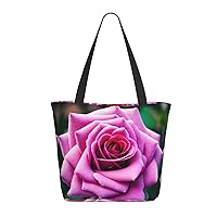 Purple Rose Flower Tote Bag with Zipper for Women Inside Mesh Pocket Heavy Duty Casual Anti-water Cloth Shoulder Handbag Outdoors
