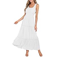 MITILLY Women's Summer Sleeveless Lace Trim Square Neck Smocked A-Line Flowy Tiered Maxi Dress with Pockets
